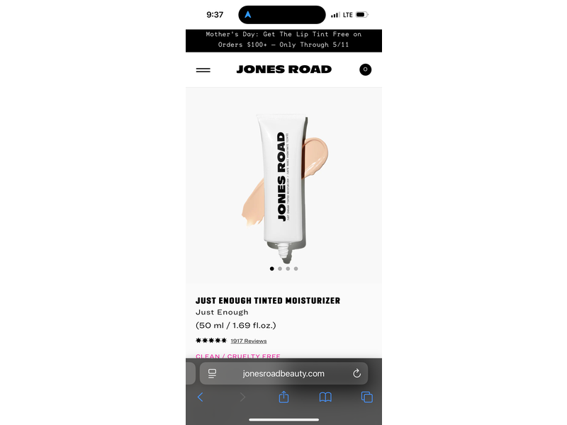 Jones Road Just Enough Tinted Moisturizer, Alabaster, 1.69 fl oz/50 mL