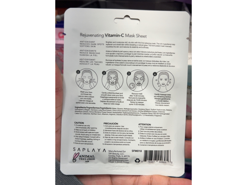 Saplaya Rejuvenating Face Mask Sheet, Vitamin C, 0.8 fl oz/25 mL