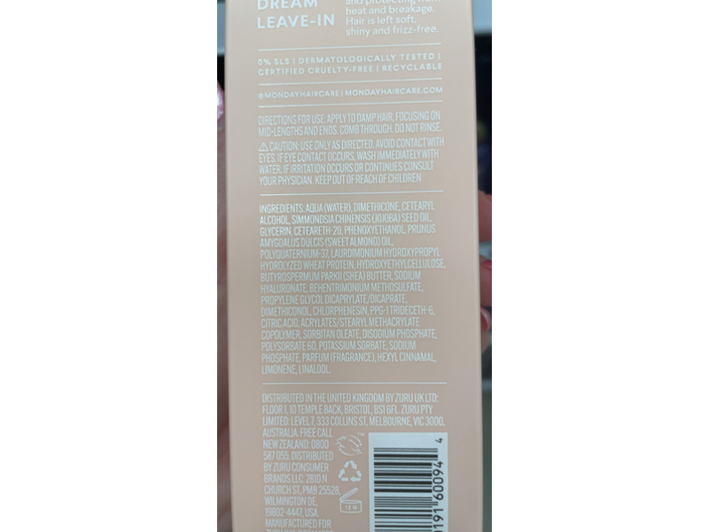 Monday Moisture Leave-In Conditioner, Hyaluronic Acid, 5.1 fl oz/150 mL