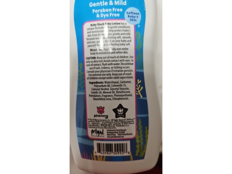 Primal Elements Pinkfong Baby Shark Baby Lotion, Gentle & Mild, 10 fl oz/296 mL, 12 Count