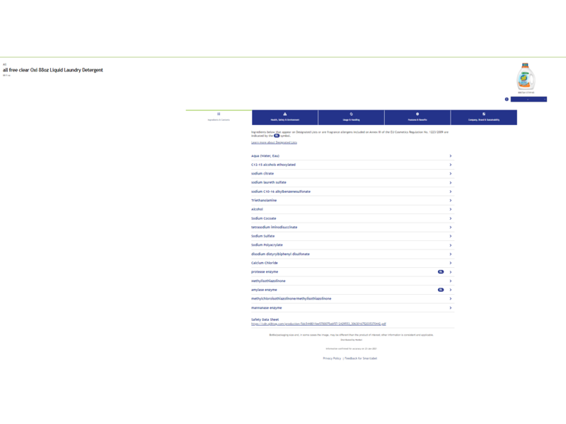 All With Stainlifters Oxi Detergent, Free & Clear, 49 Loads, 88 fl oz/2.60 L
