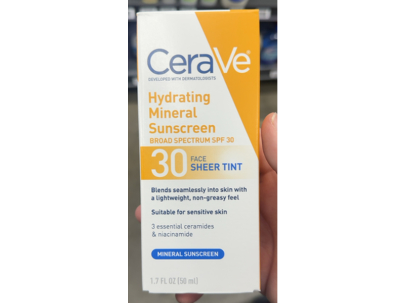 CeraVe Hydrating Mineral Face Sunscreen, SPF 30, Sheer Tint, 1.7 fl oz/50 mL