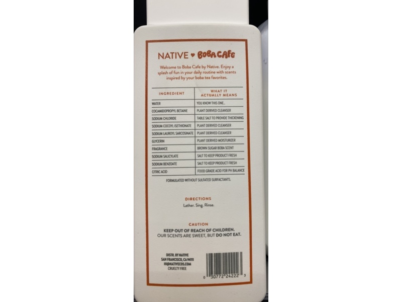 Native Boba Cafe Body Wash, Brown Sugar Boba, 18 fl oz/532 mL