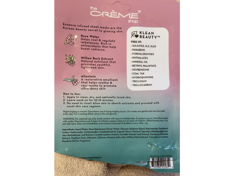 The Creme Shop Essence Sheet Mask, Rose Water, 0.84 fl oz/25 mL