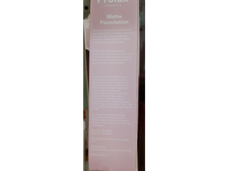 Prolux Cosmetics Matte Foundation, Shell, 1.35 fl oz/40 mL