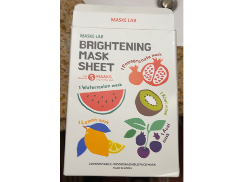 Maske Lab Brightening Mask Sheet Pack Set, Lemon+Pomegranate+Watermelon+Acai &Kiwi, 0.95 oz/27 g
