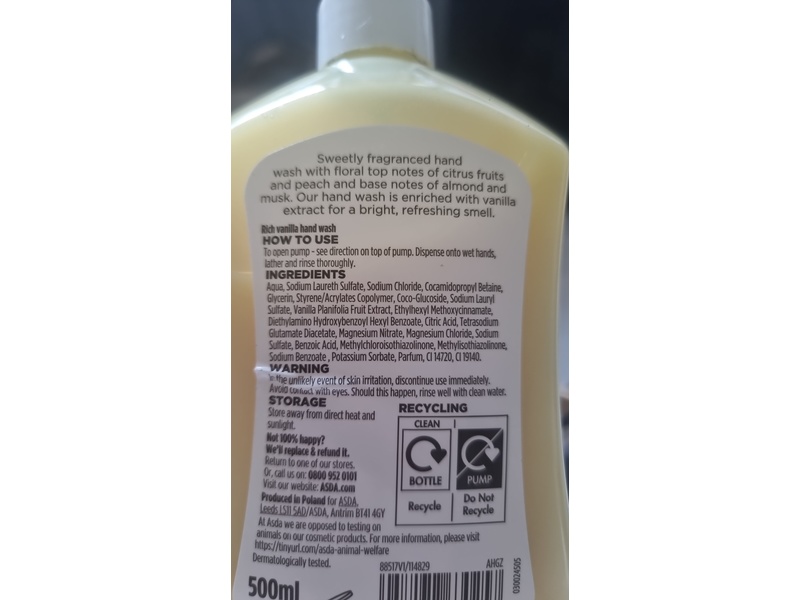 ASDA Hand Wash, Rich Vanilla, 500 mL