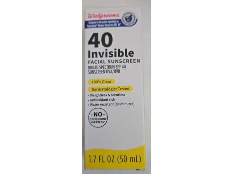 Walgreens 40 Invisible Facial Sunscreen, SPF 40, 1.7 fl oz/50 mL