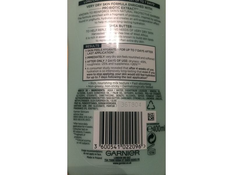 Garnier Body Intensive 7 Days Ultra-Replenishing Lotion, Prebiotic Extract + Shea Butter, Very Dry Skin, 400 mL