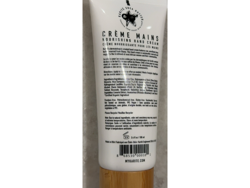 Karite Nourishing Hand Cream, Shea Butter, 3.4 fl oz/100 mL