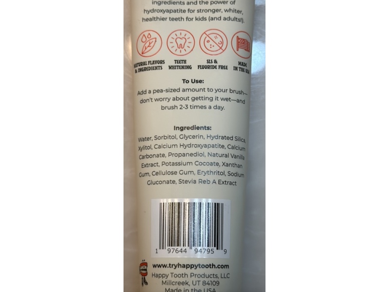 Happy Tooth Fluoride Free Toothpaste, Vanilla Frosting, 3.4 oz/100 mL