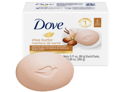 Dove Moisturizing Soap, Shea Butter & Vanilla Scent, 3.17 fl oz/90 g, Pack Of 4