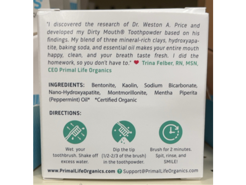 Primal Life Organics Premium Dirty Mouth Powdered Mineral Toothpaste, Polished Peppermint, 1 oz/28 g