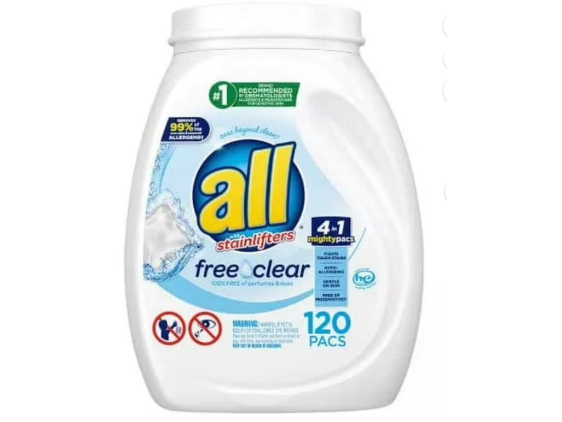 All Mighty Pacs Laundry Detergent, Free & Clear, 83.3 oz/2.4 kg, 120 Count
