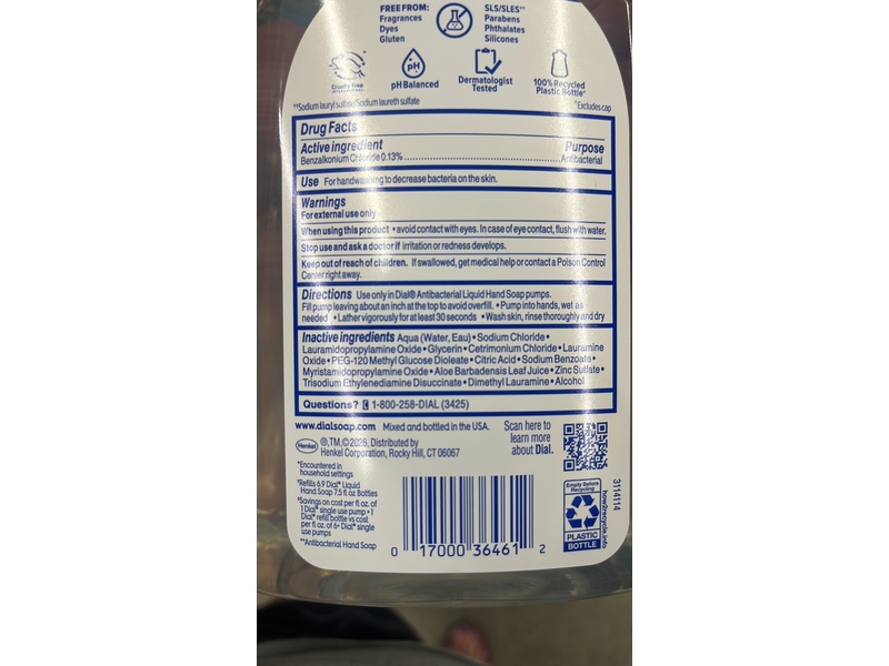 Dial Antibacterial & Sensitive Hand Soap Refill, Fragrance Free, Aloe, 52 fl oz/1.53 L, Pack Of 3