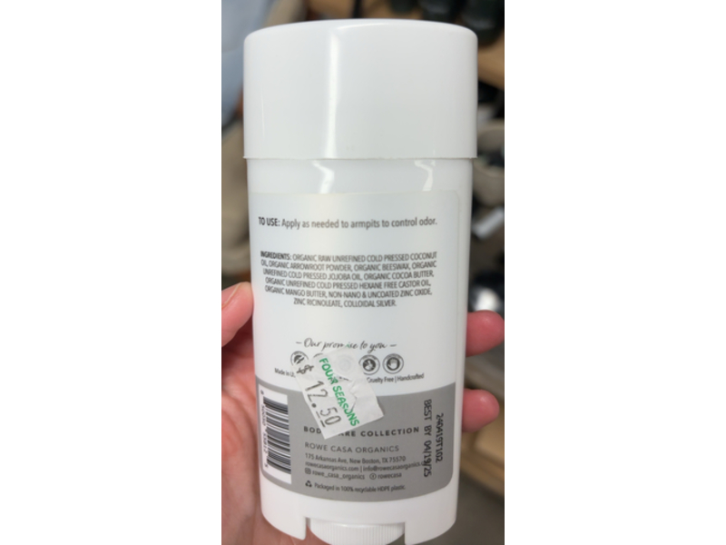 Rowe Casa Organics All-Natural Deodorant, Unscented, 2.75 oz/81 mL