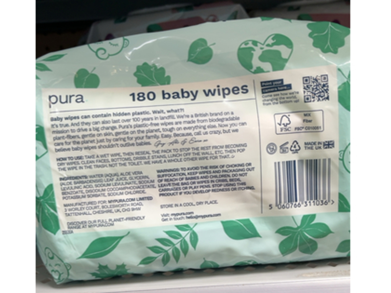 Pura Baby Wipes, 180 Count, Pack Of 2