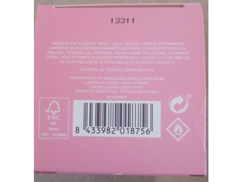 United Colors Of Benetton Sisterland Eau De Toilette, Pink Raspberry, 2.7 fl oz/80 mL