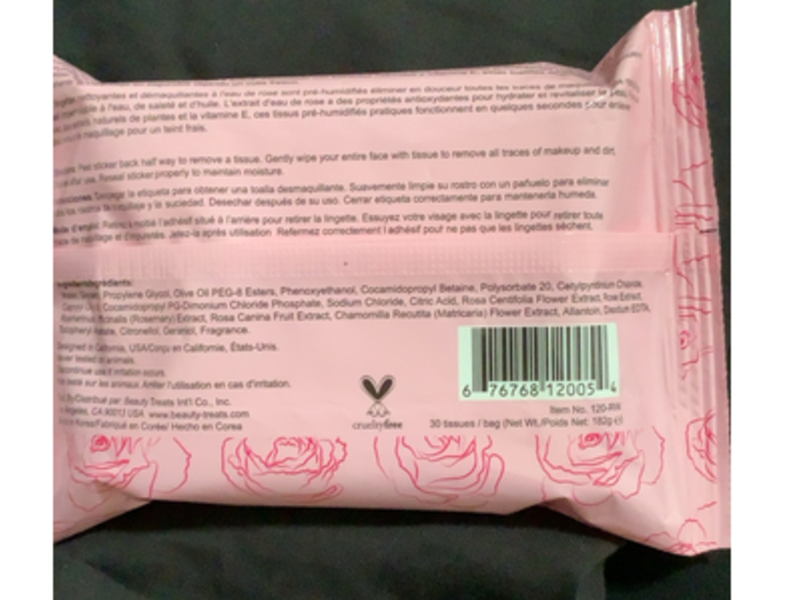Beauty Treats Rose Water Makeup Remover Cleansing Tissues, 30 Count