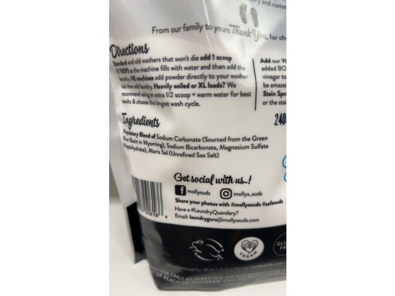 Molly's Suds Laundry Powder, Unscented, 70 Loads, 43 oz/1.3 kg