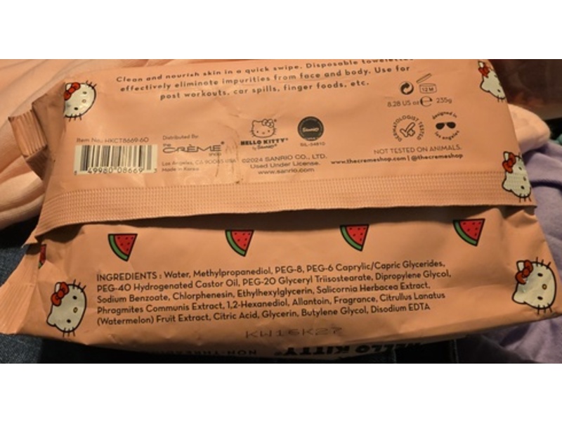 The Crème Shop x Hello Kitty Complete Cleansing Pre-Wet Towelettes, Hydrating Watermelon, 60 Count