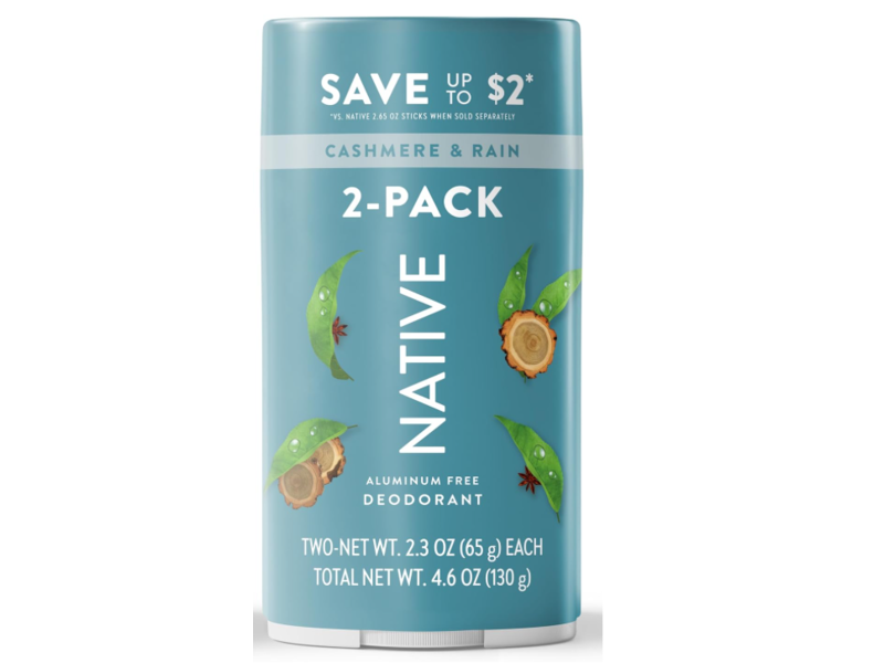 Native Deodorant, Cashmere & Rain, 2.3 oz/65 g, Pack Of 2