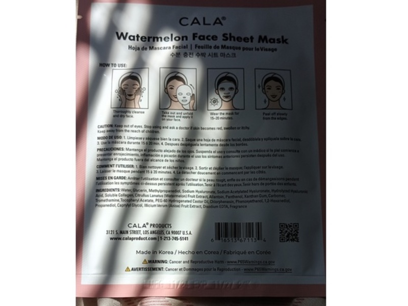 Cala Hydration Boost Face Sheet Mask, Watermelon, 0.8 fl oz/23 g, 1 Count