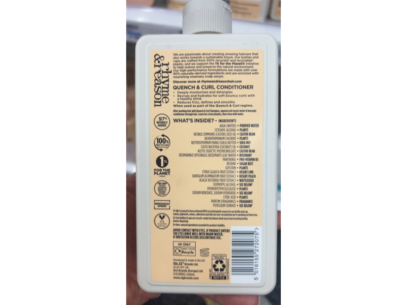 Rhyme & Reason Quench & Curl Conditioner, Shea Butter & Desert Peach Extracts, 12 fl oz/355 mL