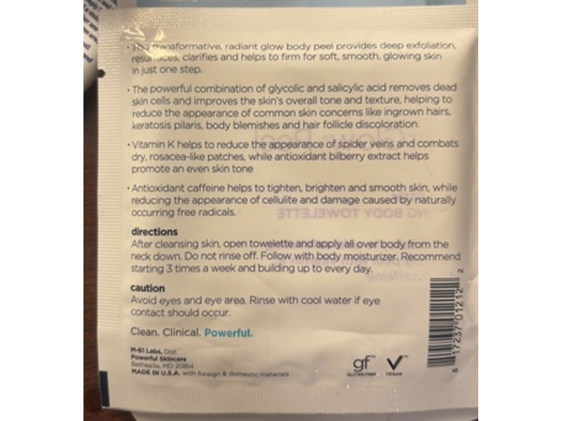M-61 Powerful Skincare Power Glow Peel Body Exfoliating Body Towelette, 10 Count