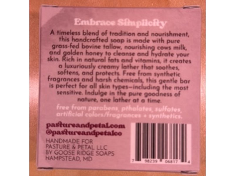 Pasture And Petal Facial Cleansing Bar, Tallow + Milk + Honey, 3.5 oz/100 g