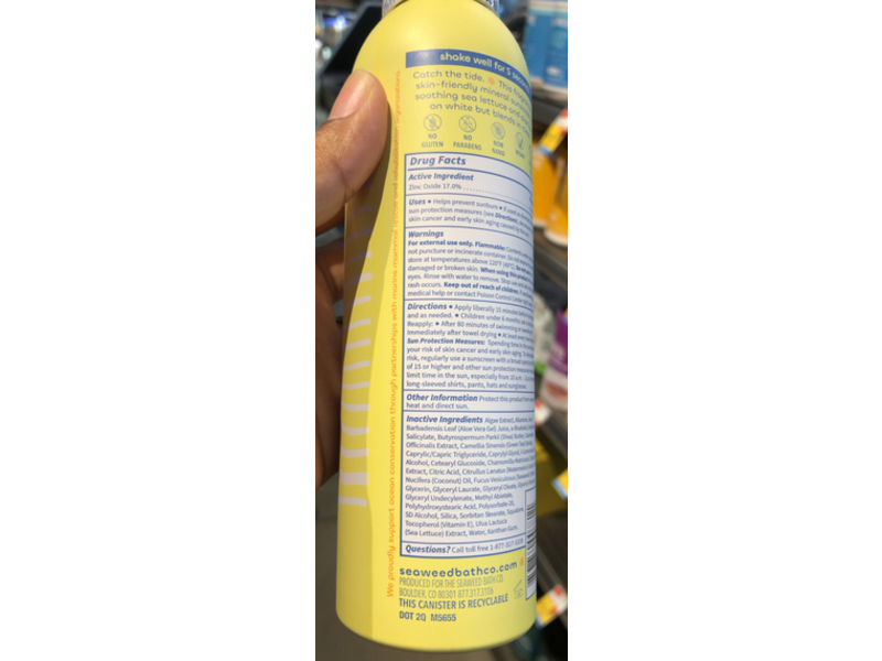 Seaweed Bath Co. Sheer Mineral Sensitive Sunscreen Spray, SPF 50, 6 fl oz/177 mL