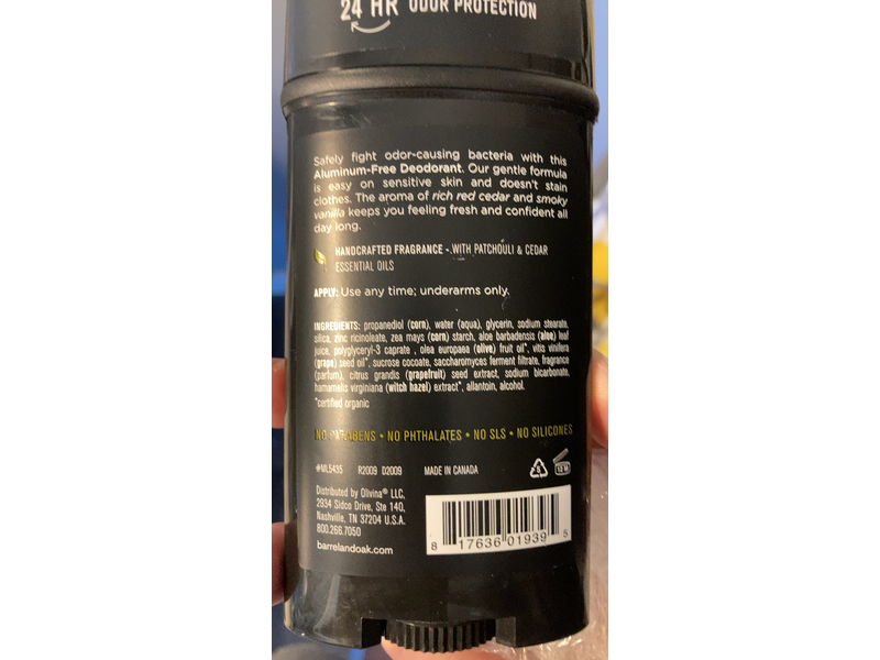 Barrel & Oak Deodorant, Bourbon Cedar, 2.7 oz/76 g, Pack Of 2