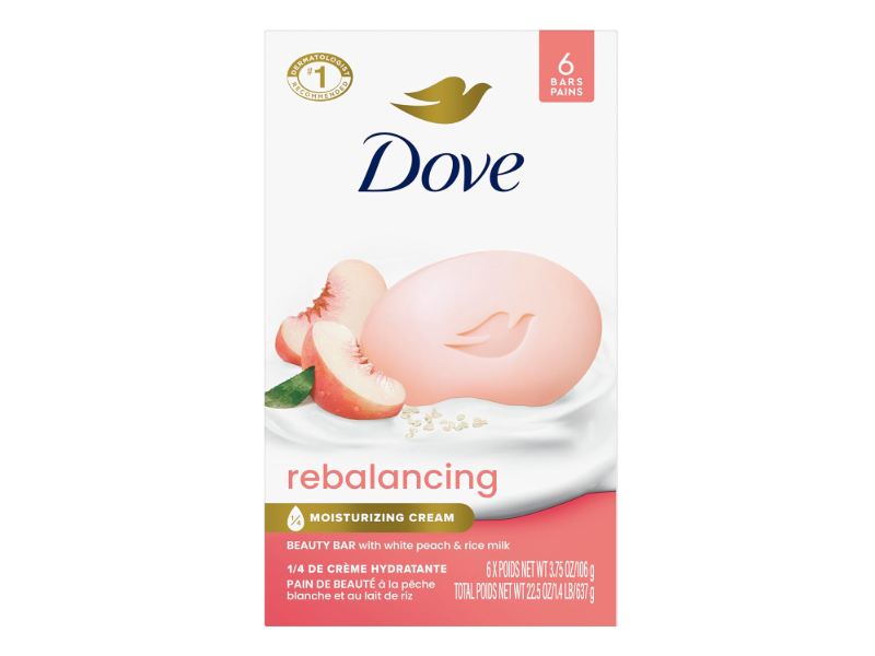 Dove Rebalancing Bar Soap, White Peach & Rice Milk, 3.75 oz/106 g, Pack Of 6