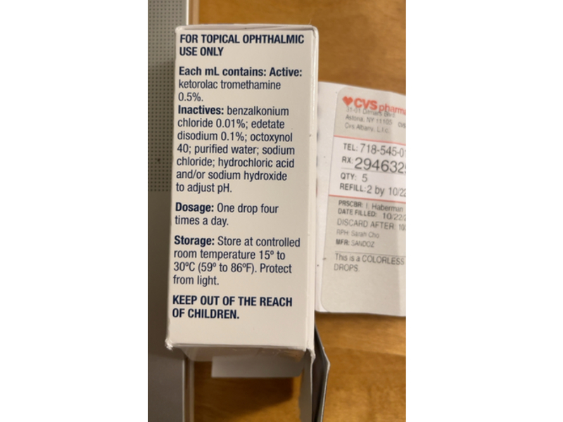 Ketorolac Tromethamine Ophthalmic Solution 0.5%, 5 mL, Sandoz (Rx)