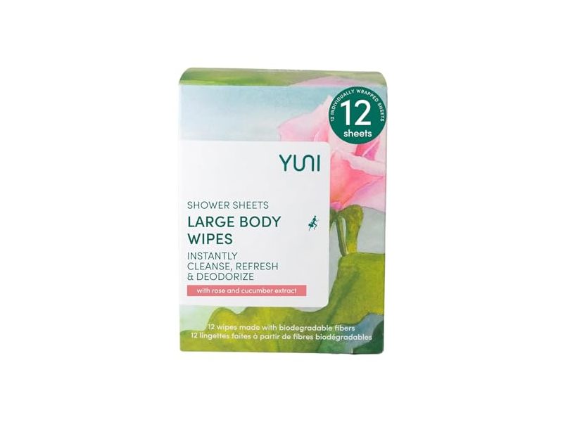 Yuni Beauty Shower Sheets Large Body Wipes, Rose & Cucumber, 12 Count