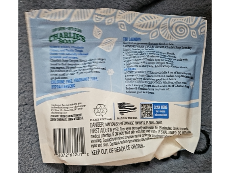 Charlie's Soap Ultra Concentrated Oxygen Bleach Powder, 40 Loads, 0.59 kg