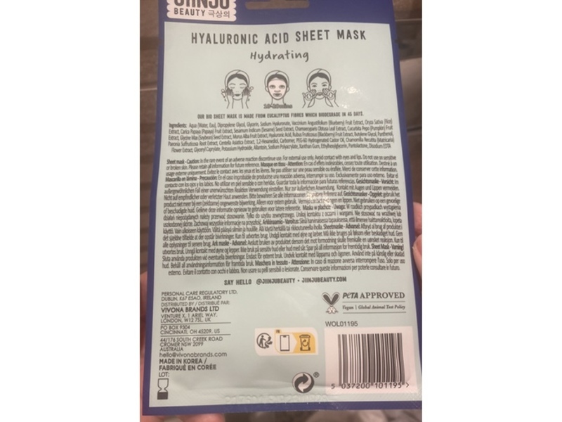 Jiinju Beauty Hydrating Sheet Face Mask, Hyaluronic Acid, 0.77 fl oz/23 mL