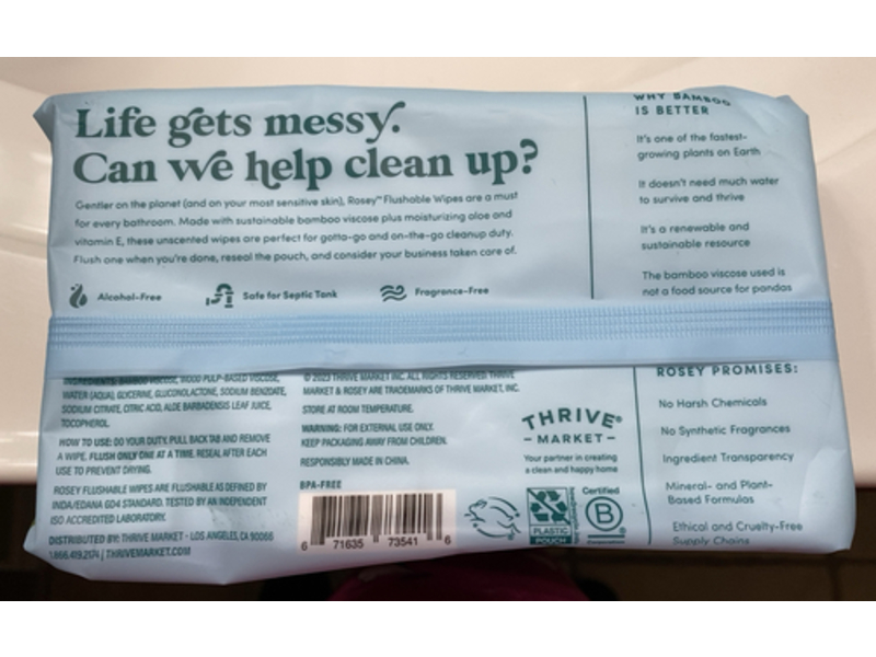 Rosey Flushable Wipes, Unscented, 60 Count