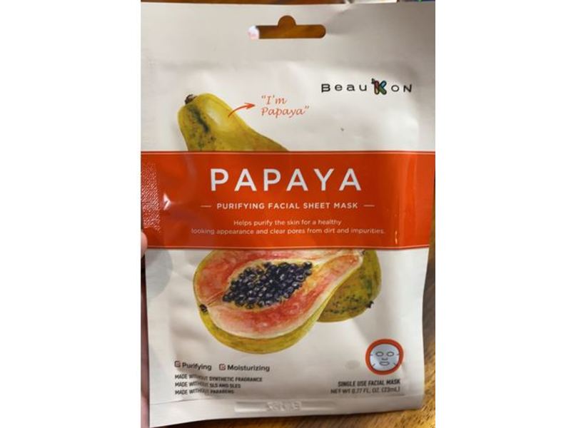 BeauKon Purifying Facial Sheet Mask, Papaya, 0.77 fl oz/23 mL, Pack Of 4