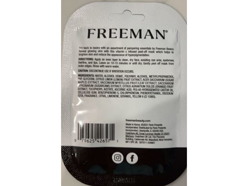 Freeman Brightening Peel-Off Face Mask, Basics, Vitamin C, 0.33 fl oz/10 mL