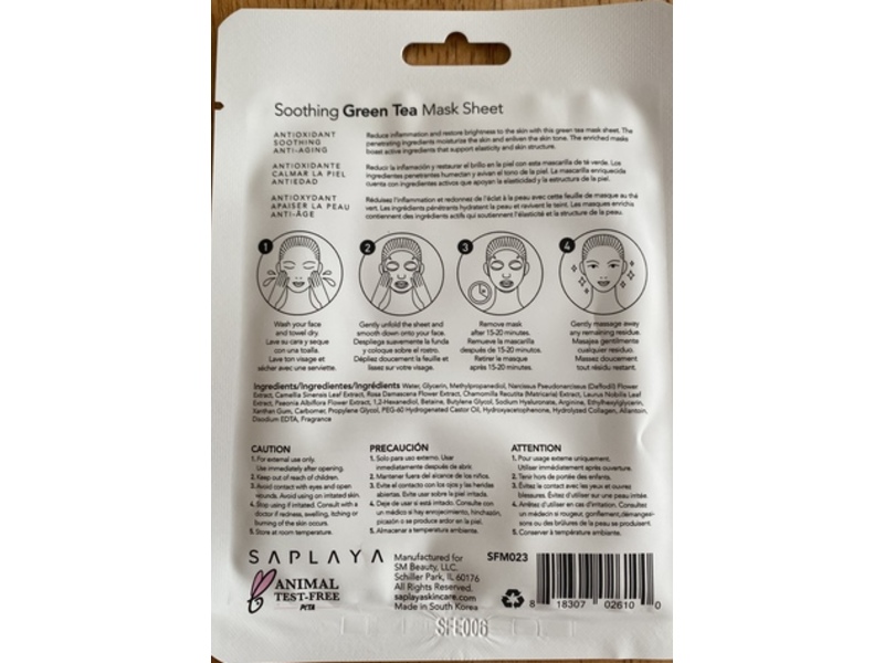 Saplaya Soothing Face Mask Sheet, Green Tea, 0.8 fl oz/25 mL