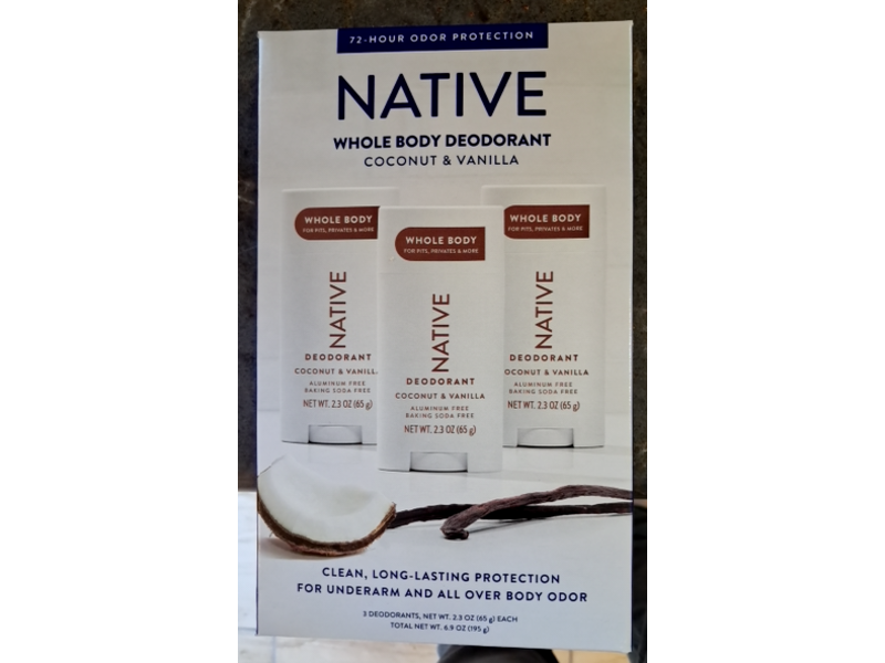 Native Whole Body Deodorant, Coconut & Vanilla, 2.3 oz/65 g, Pack Of 3