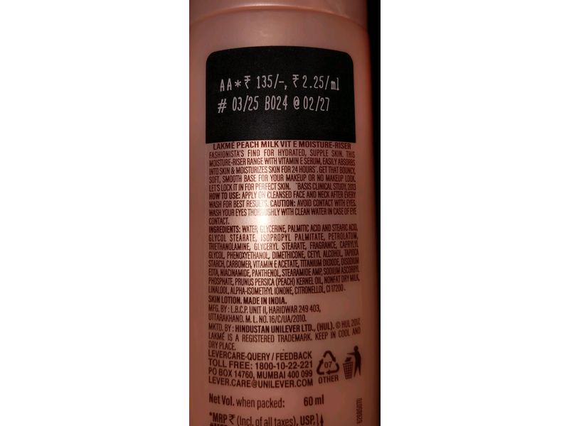 Lakme Skin Perfect Collection Peach Milk Moisture-riser, 60 mL