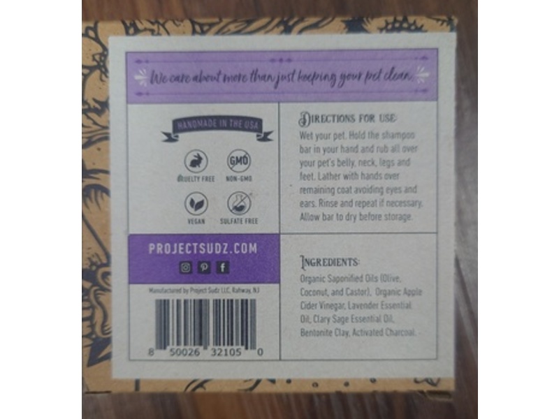 Project Sudz Organic Shampoo Bar, Lavender, Clary Sage & Bentonite Clay, 4 oz