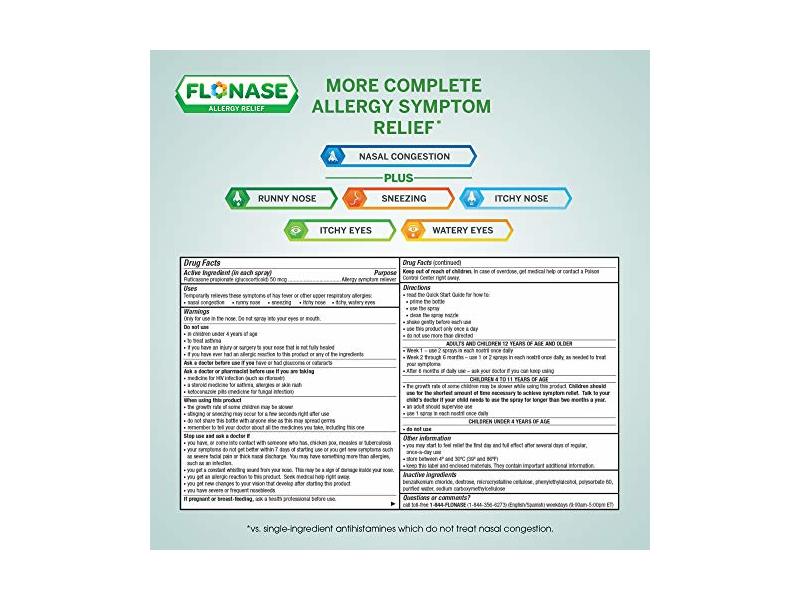 Flonase Allergy Relief Nasal Spray, 24 Hour Non Drowsy Allergy Medicine, Metered Nasal Spray - 144 Sprays