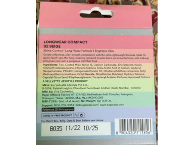 Sugar Pop Longwear Compact, 02 Beige, 0.31 oz/9 g