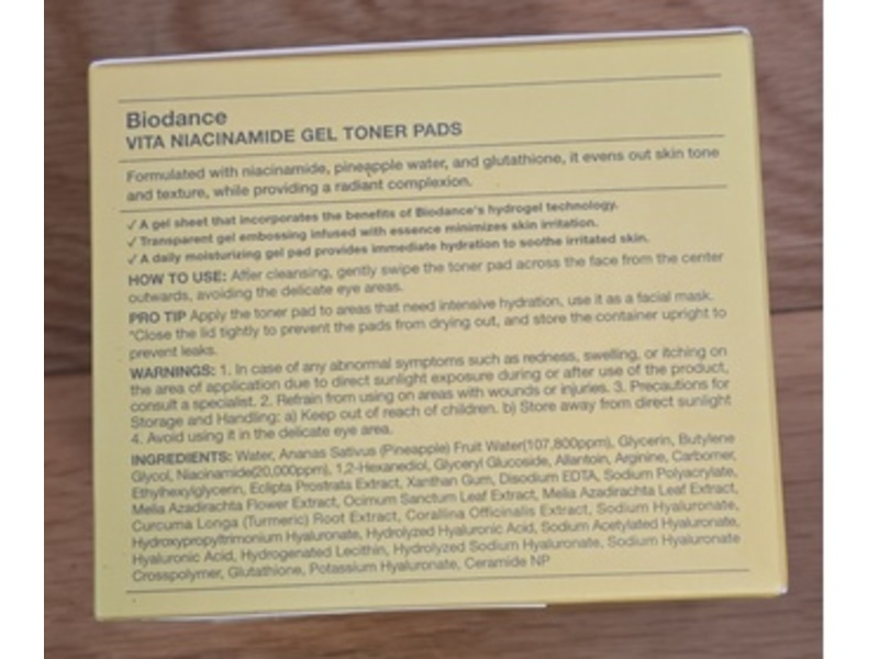 Biodance Vita Niacinamide Gel Toner Pads, Niacinamide + Pineapple Fruit Water, Glutathione, 4.93 oz/140 g, 60 Count