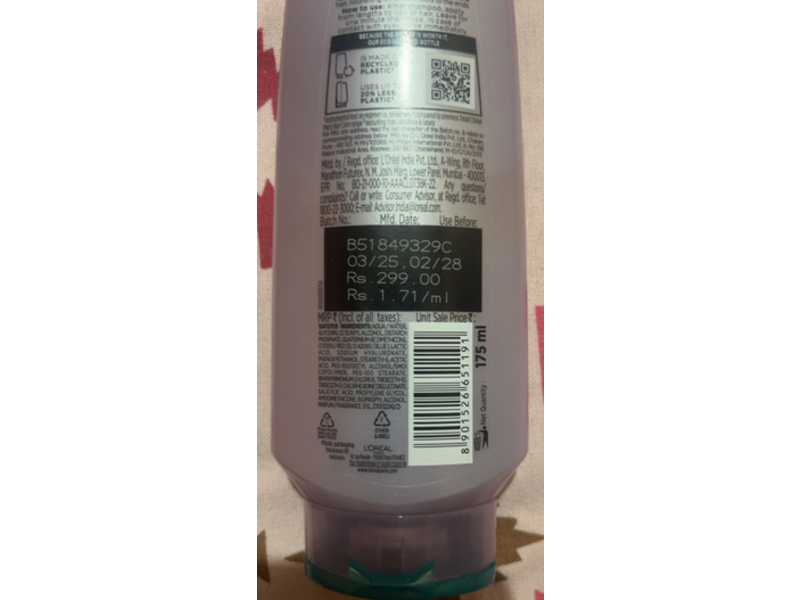 L'Oreal Paris Hyaluron Pure 72h Rehydrating Conditioner, 175 mL