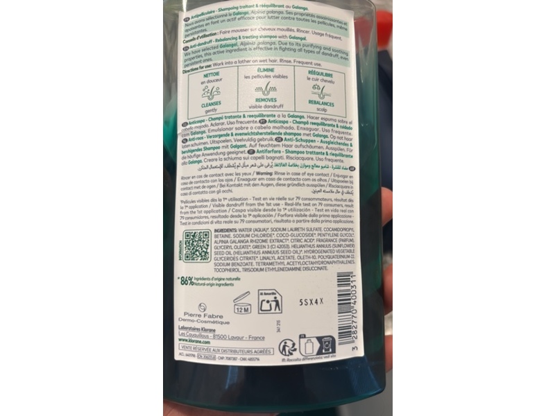 Klorane Laboratoires Anti-Dandruff Rebalancing & Treating Shampoo, Galanga Galangal, 400 mL