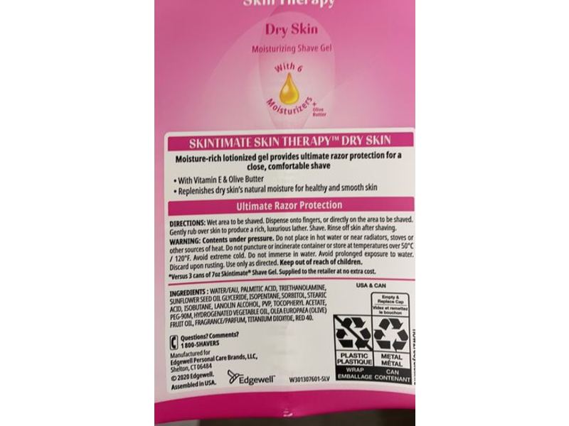 Skintimate Skin Therapy Moisturizing Shave Gel, Dry Skin, Olive Butter + Vitamin E, 28.5 oz, Pack Of 3